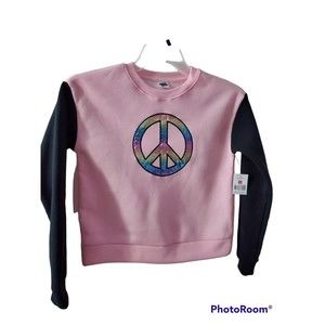 NWT Extremely Me Girls Fleece Sweatshirt Size 14 Pink Iridescent Peace Sign Cute